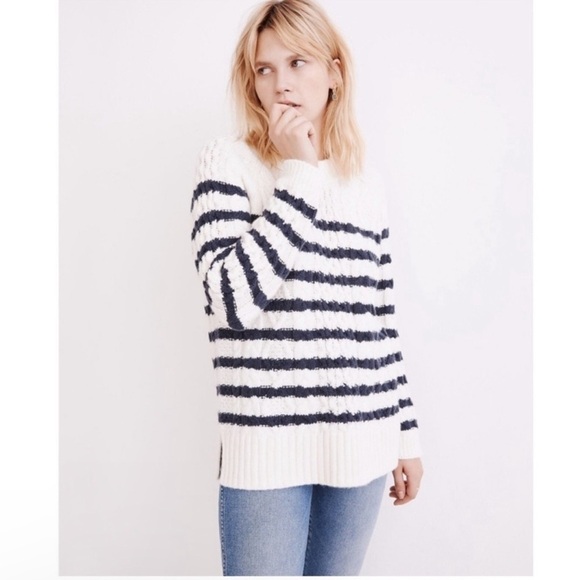 Madewell Sweaters - Madewell Linelle Cableknit Pullover Sweater Cream Navy Striped Size S Women’s